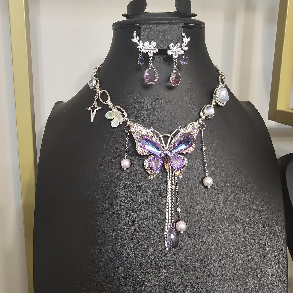Elegant Purple Butterfly Necklace and Earring Set